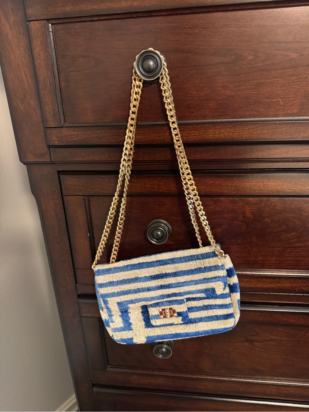 Blue & Cream Striped Chain Shoulder Bag